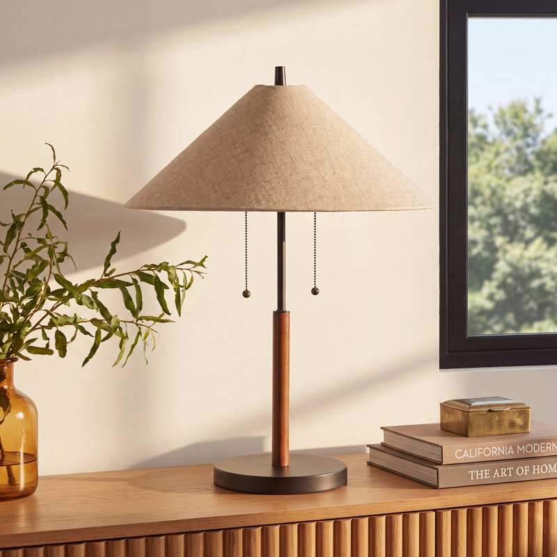 Florina Solid Wood Table Lamp and Metal with Dual Pull Chains, Black/Walnut, Light Brown