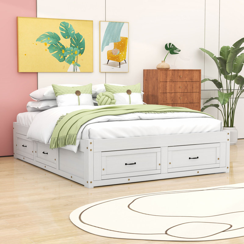 Lit plateforme en bois 6 tiroirs au design épuré, Blanc antique, Grand