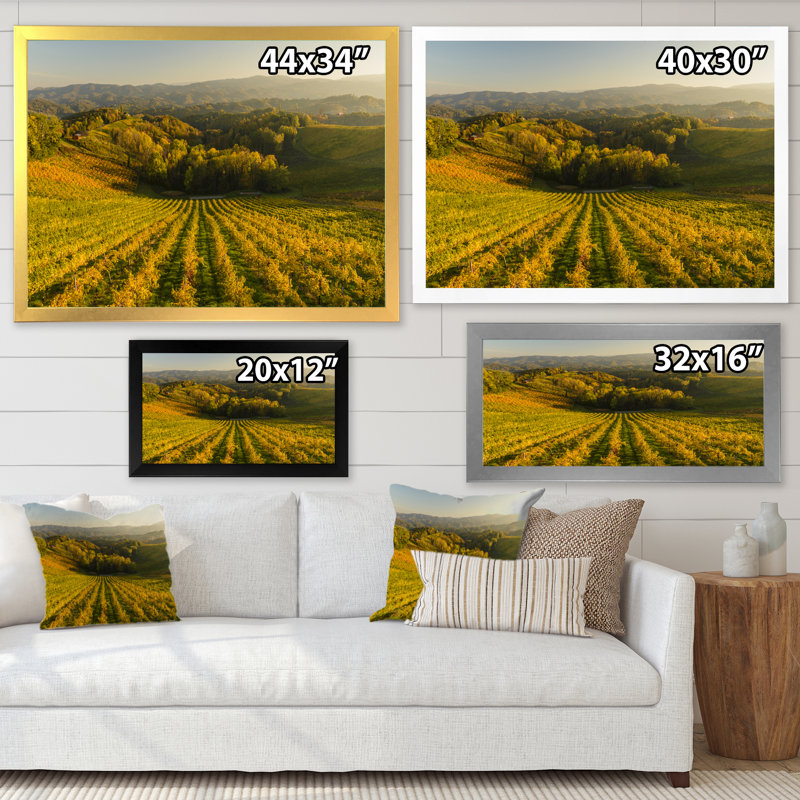 Vineyard Sunset Landscape - Décoration murale traditionnelle sur toile, H 8 po x l 12 po x P 1 po, Toile avec cadre noir