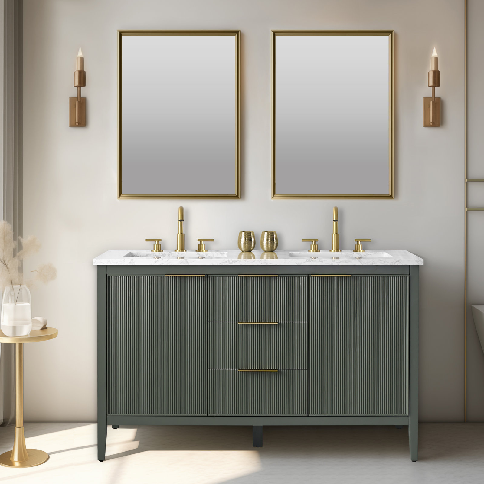 Bilroy 54" Pine Double Bathroom Vanity, Vintage Green/Brushed Bronze