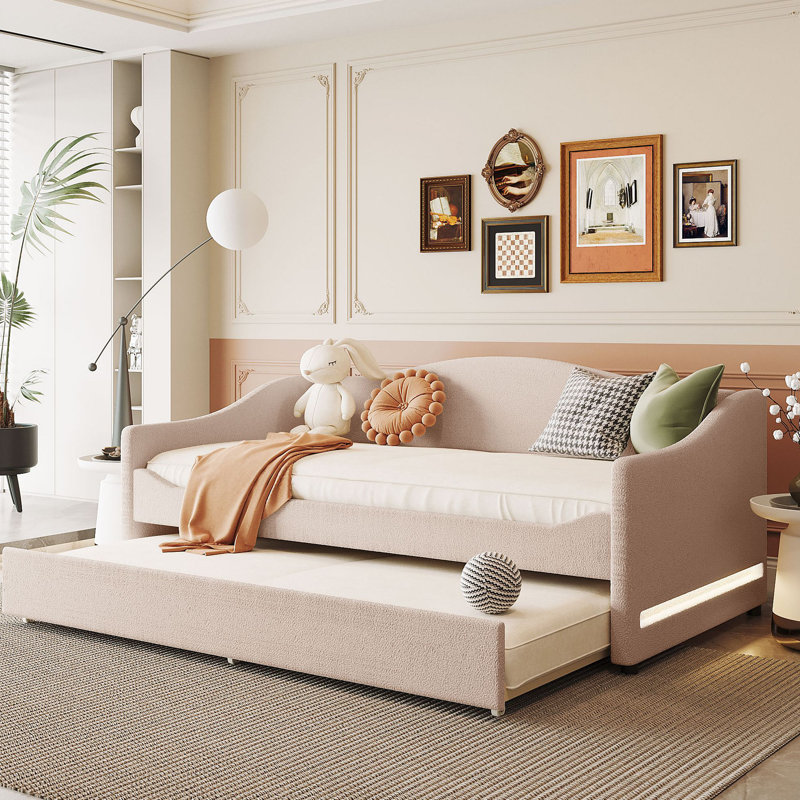 Teddy Fleece Upholstered Daybed With Light And Trundle, Beige, Twin