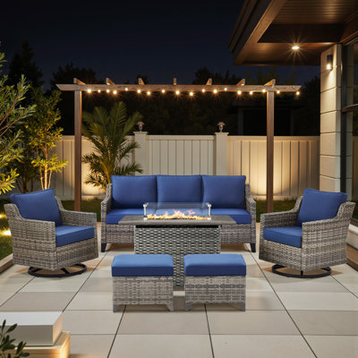 Maelie 6-Piece Outdoor Wicker Patio Fire Pit Conversation Set With Rectangle Fire Pit, Swivel Gliders And Ottomans