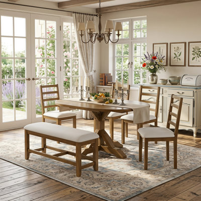 Farmhouse Style 6-Piece Extendable Round Pedestal Dining Table Set with Removable Leaf, Bench, and 4 Upholstered Ladder-Back Chairs, Solid Wood Constr