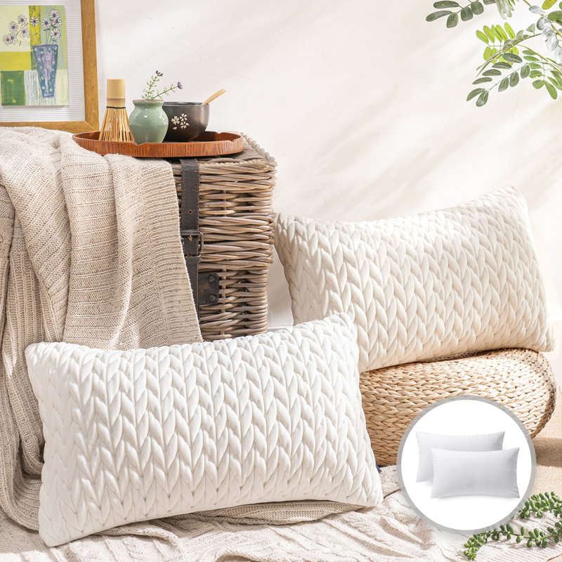 Velvet Quilted Throw Pillows, Braided Textured Decorative Cushion, Rectangle 12"H x 20"W, White