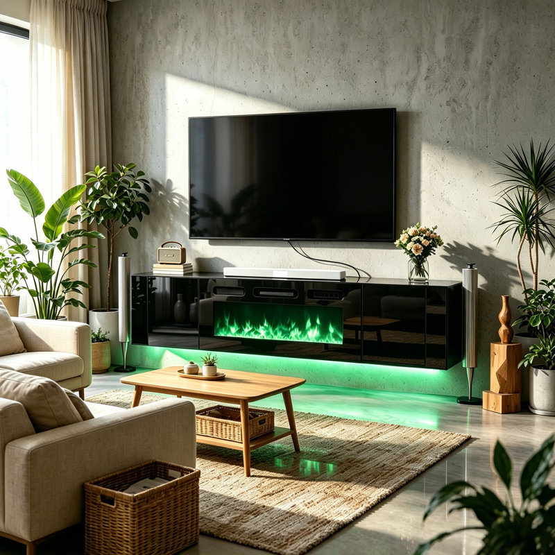 80" Floating Fireplace TV Stand For Tvs Up To 90", Wall Mounted Media Console With LED Lights, 17.8”H x 80”L x 14.4”W, Black
