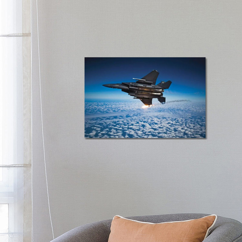 F-15E Strike Eagle Aircraft Releases Flares I - Wrapped Canvas Print, 66.04 cm H x 45.72 cm W x 1.91 cm D