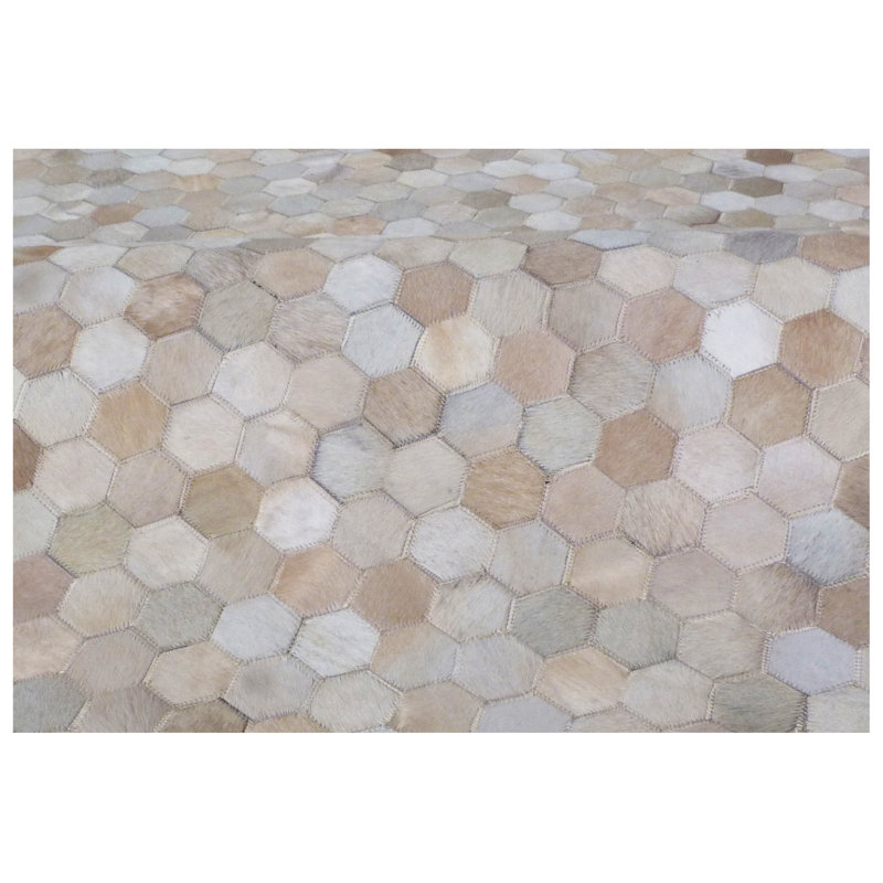 Mosaic Leather Cowhide Geometric Area Rug in Light Beige, Rectangle 11'6" x 14'6"