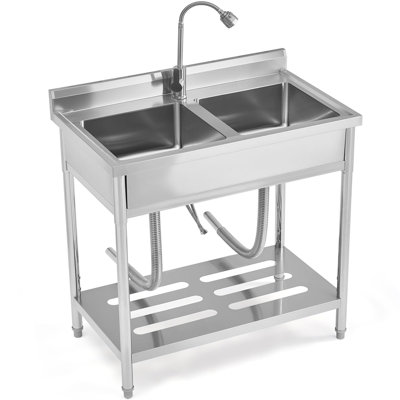 Stainless Steel Utility Sink with Faucet, Freestanding Commercial Laundry Tub, Adjustable Height, Storage Shelf