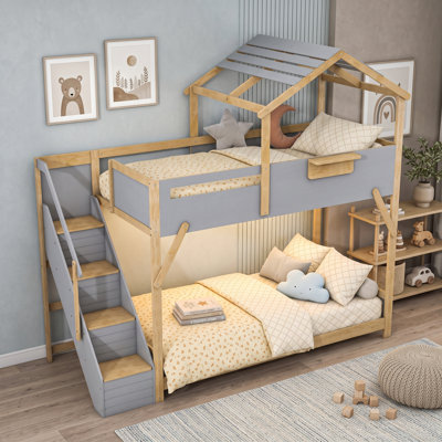 Lit superposé House avec escalier intégré et lumières DEL réglables à 3 couleurs avec tablettes