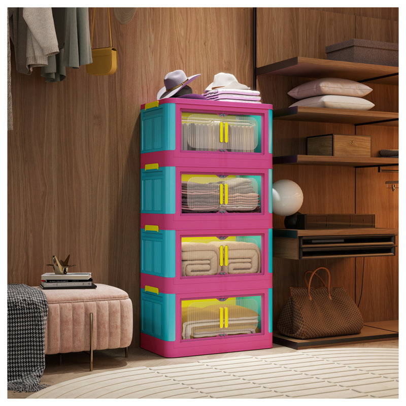 Armoire de rangement pliante Happy Color 20 po, bacs de rangement pliables à 4 niveaux avec porte magnétique, armoire de rangement en plastique bleu-rose avec roues pour l'organisation à domicile
