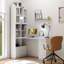 Bureau d'étude de coin en L blanc 2-en-1 blanc, table de travail de bureau à grand espace avec tiroirs, bibliothèque et armoire de rangement supérieure-2131438094