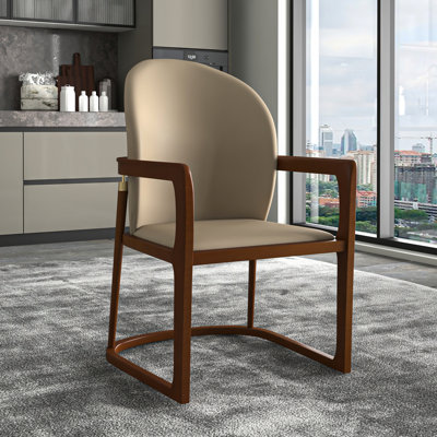 Colombo Leather Dining Arm Chair with Rubberwood Sled Legs and Curved Back Accent Chair