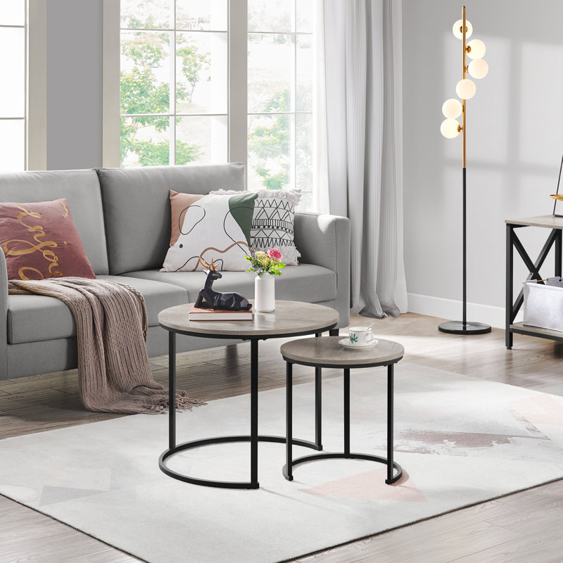 Metal Frame Coffee Table, Round Nesting Table Set, Gray