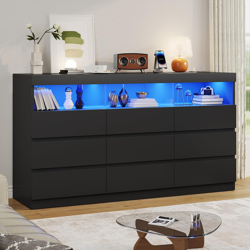 9 Drawer LED Dresser with Charging Station for Bedroom