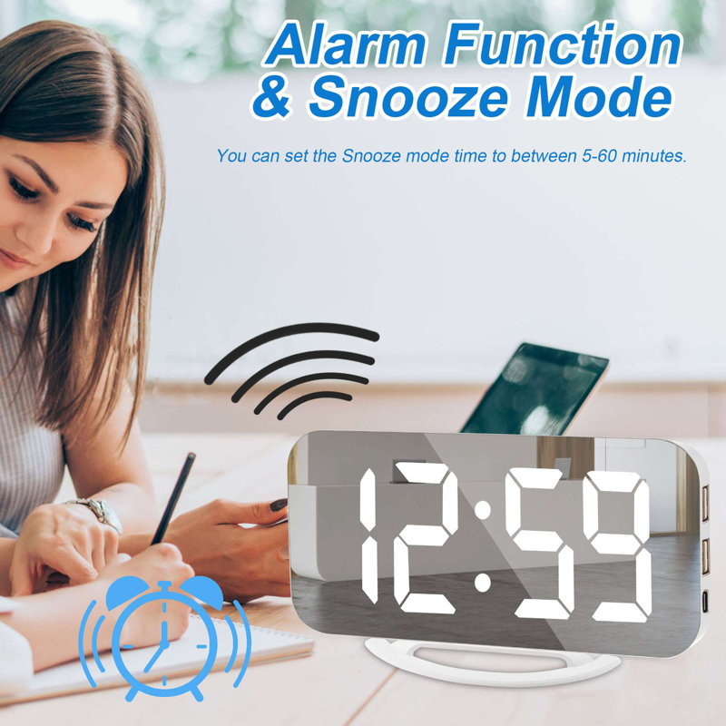 Slim LED Digital Alarm Clock, Mirror Surface for Makeup, with Diming, Large Display, USB Ports, White