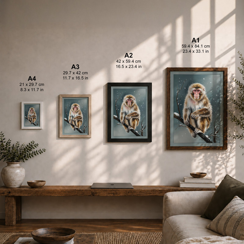 Macaque in Winter Japandi 1 Piece Single Picture Frame Wall Art, A4 - 29.7 x 21.0 cm, White