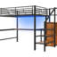 Lit mezzanine en métal noir avec bureau intégré, escalier de rangement, garde-robe et éclairage à DEL 7 couleurs