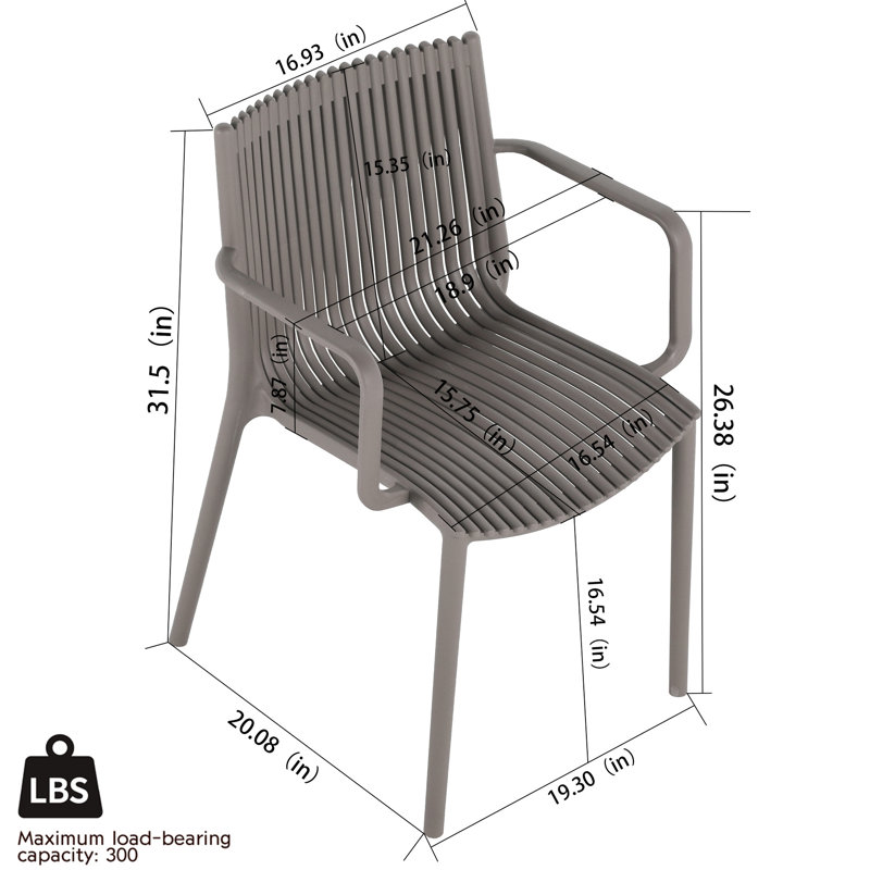 Square Table And 4Pcs Warm Grey Stackable Pp Armchair For Indoor/Outdoor, Tabletop, Metal Legs  , All - Weather Durability, Ergonomic Slatted Back, Non Slip Foot Pads, Zero Maintenance,