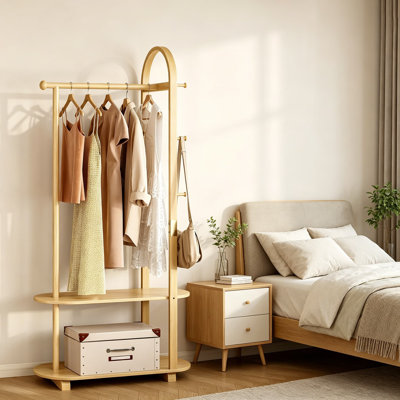 31.5 Inch Wide 3-in-1 Freestanding Clothing Rack with 2 Shelves and 6 Hooks, Solid Rubber Wood Coat Rack for Entryway, Bedroom, Living Room, Natural Finish