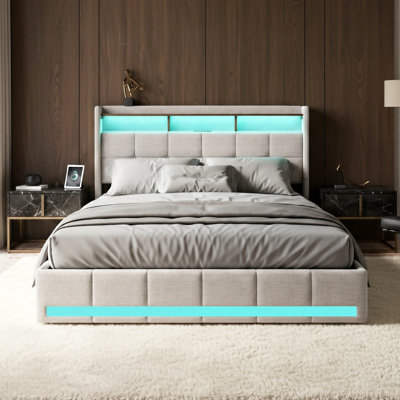 EU Double & King Linen Storage Bed With 4 Drawers & Dual LED Lights, Upholstered Bed Frame With Charging Port, Grey & Beige