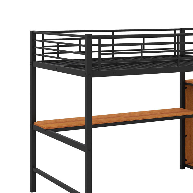 Full Size Metal Loft Bed With Storage Staircase,Desk, LED Light And Small Wardrobe, Black/Brown