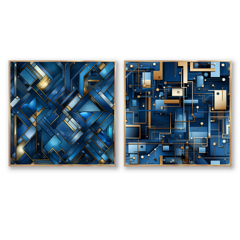 Corvetta - Ensemble de 2 collages carrés à formes abstraites, Cadre flottant doré, H 30 po x l 61 po