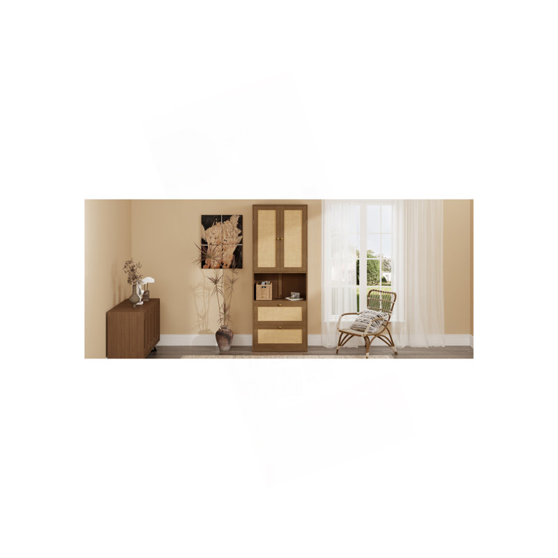 Bibliothèque 2 portes avec port USB et 3 tiroirs, armoire latérale, Noyer