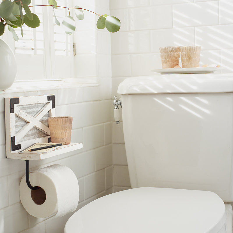 White and Galvanized Metal Farmhouse Toilet Paper Holder with Shelf
