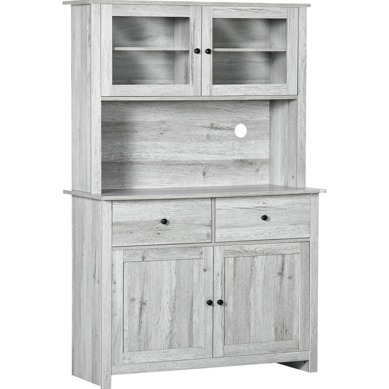 Rangement pour garde-manger de 63,5 po, armoire à 4 tablettes, 4 tiroirs, gris cendré, portes en verre, comptoir ouvert pour micro-ondes avec et espace, 4 tablettes, optimise l'organisation