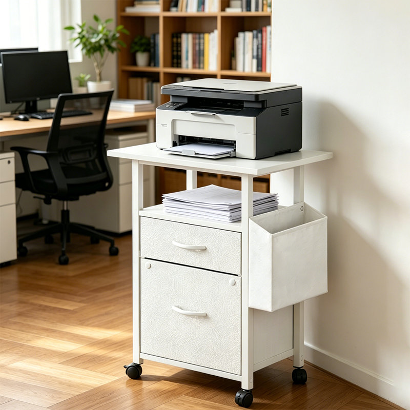 Mobile File Cabinet With 2 Drawer & Side Bag, Rolling Office Storage Cabinet, Fits A4/Letter Size, Printer Stand, White