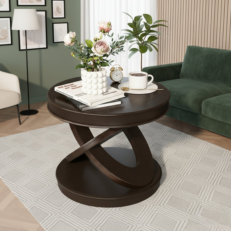 Retro Round Wooden End Table, Sofa Side Table With X-Shape Base For Family Dining Or Living Room, Espresso