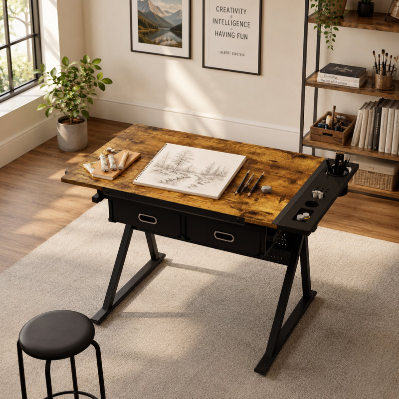 bureau réglable avec 2 tiroirs pour bureau à domicile et école avec tabouret (brun)