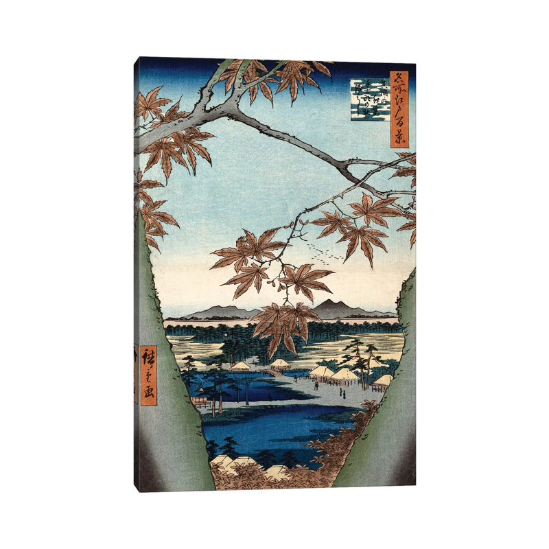 Maple Leaves, The Tekona Shrine And The Bridge At Mama (Private Collection) by Utagawa Hiroshige - Wrapped Canvas Painting