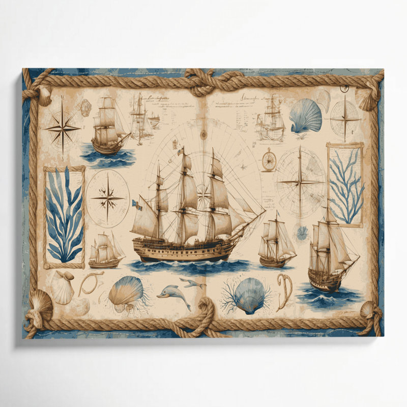 «Coastal Ships Log Design», art mural sur toile beige, 12" H x 18" W