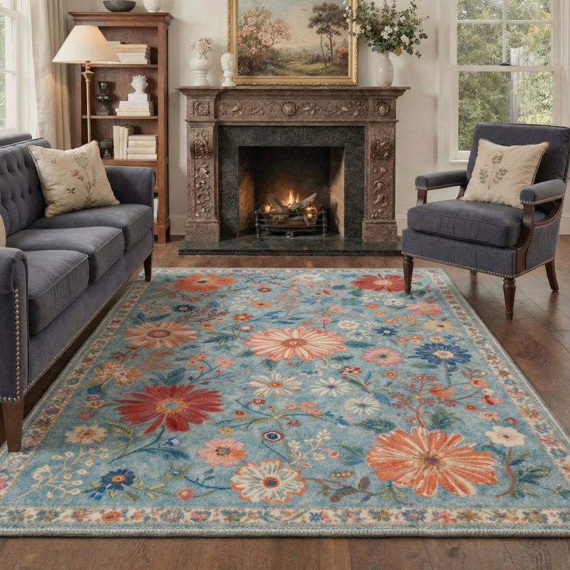 Acker Veridian Floral Machine Washable Blue / Red Indoor Area Rug with Non-Slip Backing, Rectangle 6' x 9'