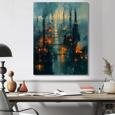 Bleu, bleu, usines, paysage industriel II, usines, art mural, salon