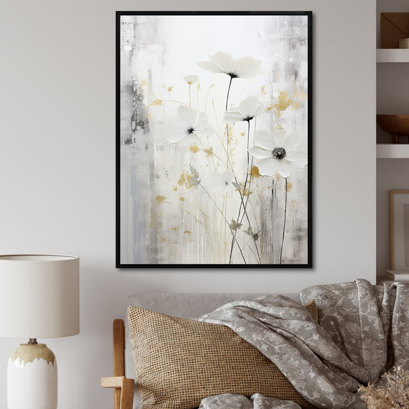 «Gray and White Herbs Minimal Harmony I», reproduction d'art sur toile, Cadre flottant noir, H 32 po x l 24 po