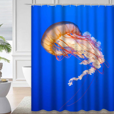 Orange Jellyfish Sea Blue Ocean Water Animal Aqua Aquarium Shower Curtain with 12 Hooks
