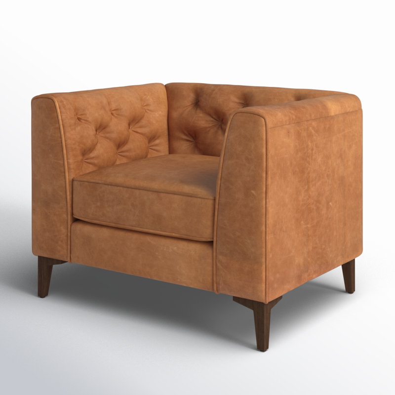 Fauteuil de salon Essex en cuir pleine fleur, Cuir véritable brun clair cognac