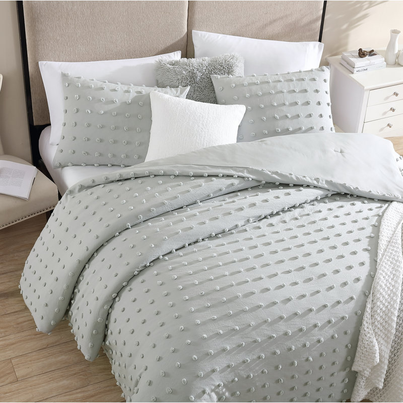 Swift Home Pom Pom 3-Piece Jacquard Microfiber Comforter Set - Ultra-Soft & Playful - All-Seasonal, Durable, Easy Care, Gray