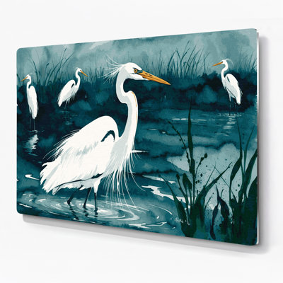 Birds Great Egret Blue Metal Wall Art