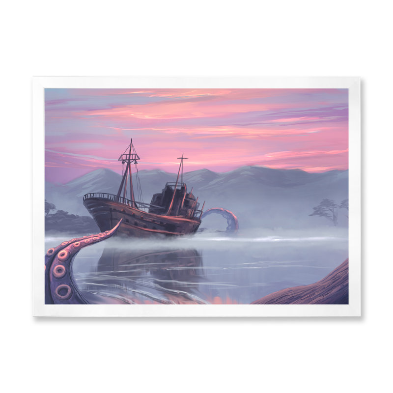 «Video Old Fantasy Abandonné Ship Kraken», impression sur toile flottante, H 24 po x l 36 po x P 1 po, Cadre photo blanc