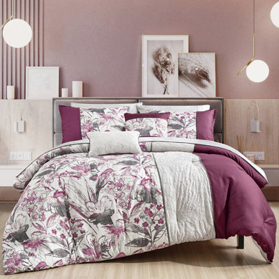 Ensemble d'édredon réversible à imprimé floral et oiseaux avec coussins décoratifs, magenta / blanc, literie en microfibre douce toutes saisons pour chambre à coucher moderne