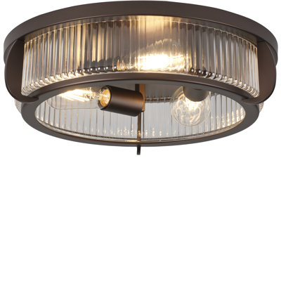 Plafonnier encastré de 16 po à 3 lumières, fini bronze huilé, abat-jour cylindrique en verre transparent côtelé, pour couloir, chambre ou cuisine.