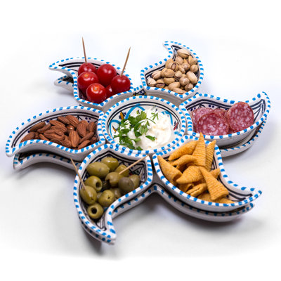 Dipper Handcrafted Ceramic Star Divided Serving Dish - 6 Piece Appetizer and Condiment Tray Set