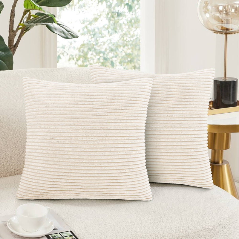 Striped Square 18cmX18cm Velvet Cushion Cover, Cream