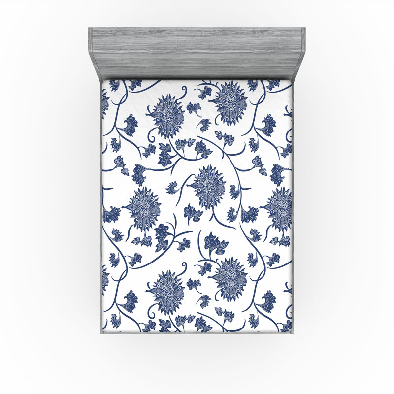 Drap-housse Ambesonne, paquet de 2, Drap-housse grand, Motif floral bleu / blanc