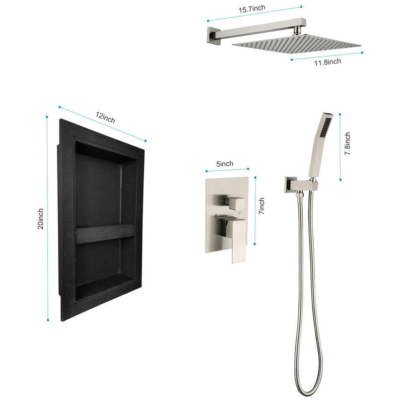Douche avec soupape d'équilibre - Douche à effet de pluie, soupape à main, support, boyau, tête de quincaillerie de fixation à finition nickel brossé,