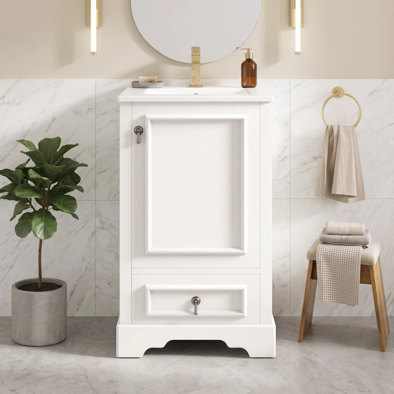 Meuble-lavabo compact compact autoportant en bois massif avec plateau en céramique blanche, Blanc