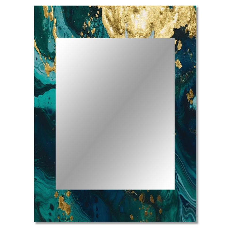 Teal and Gold Liquid Magic I - Abstract Decorative Wall Mirror, Teal Large Mirror, Printed Metal Art, 40" x 30"